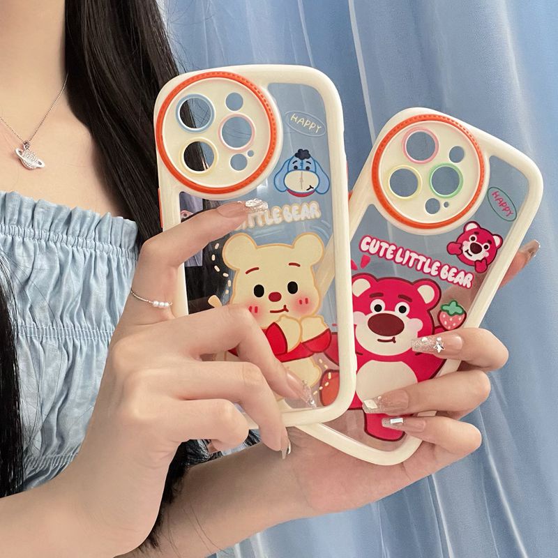 Circular Camera Protect Cream Soft Case IPhone 11 13 12 14 PRO Max Phone Case for Women Girl Cute Lotso Winnie the Bear Strawberry Bear