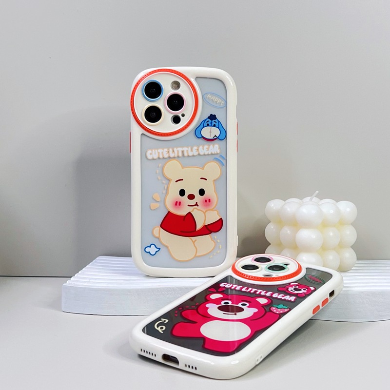 Circular Camera Protect Cream Soft Case IPhone 11 13 12 14 PRO Max Phone Case for Women Girl Cute Lotso Winnie the Bear Strawberry Bear