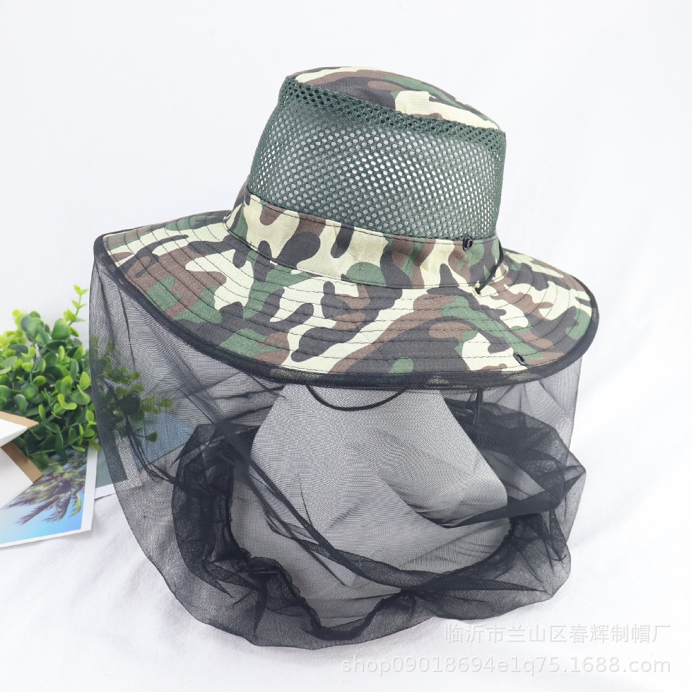 Musim Panas Kamuflase Kerai outdoor Serangga Bukti mesh Masker mesh top Bernapas fisherman hat