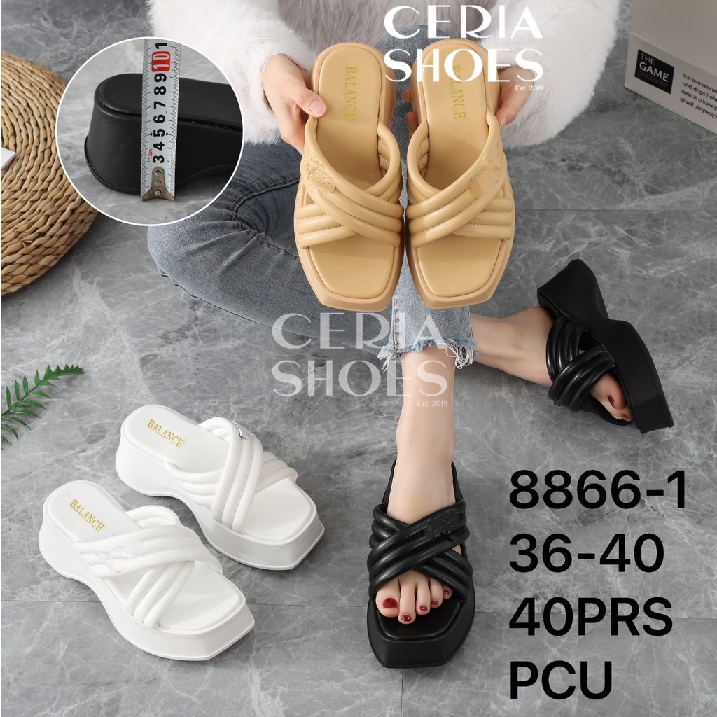 Sandal Slop Wedges Wanita Karet Import Hak Tinggi 6 Cm Motif X Cross BALANCE Sol Empuk Anti Slip 8866 - 1