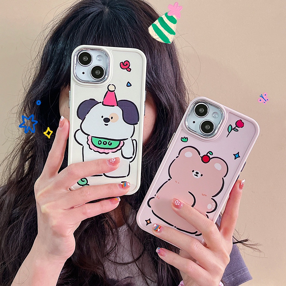 Metal Len Matte IPhone Case Kompatibel Untuk Iphone11Topi Kartun Kelinci Beruang Coklat14 Pro Max Casing Ip13 Pro Max Iphone12 Case Lembut TPU Belakang Ponsel Cover