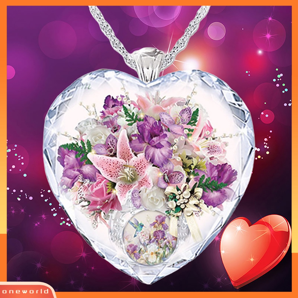 [ONE] Kalung Bentuk Hati Bahan Kaca Multi Warna Motif Bunga Charm Necklace Untuk Hadiah
