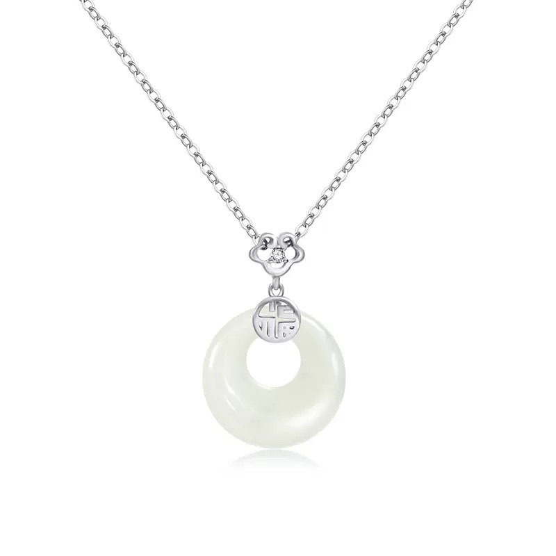 Ahellogirl Fu Word Hetian Jade Safety Buckle Necklace S925 Perak Cahaya Mewah Niche Tulang Selangka Rantai High-end Liontin