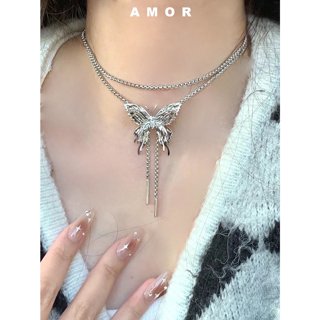 Y2k Butterfly Pull Adjustable Necklace Liquefied Metal Pribadi Asli Manis Keren Pedas Gadis2023 Indah