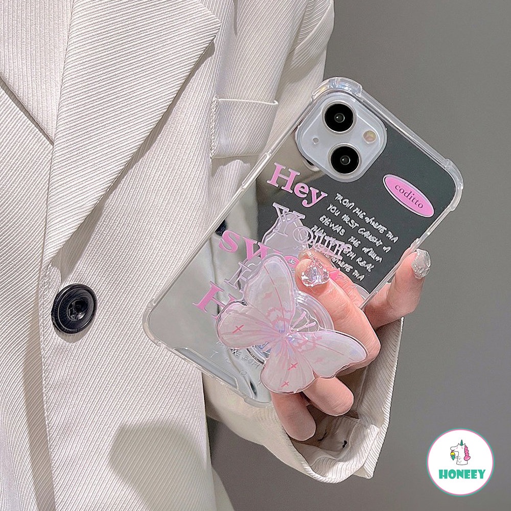 Fashion Pink English Butterfly Stand Phone Case Untuk iPhone 11 Pro Max12 13 14 Pro Max XS XR 7 8plus Cermin Anti-Shock Back Cover