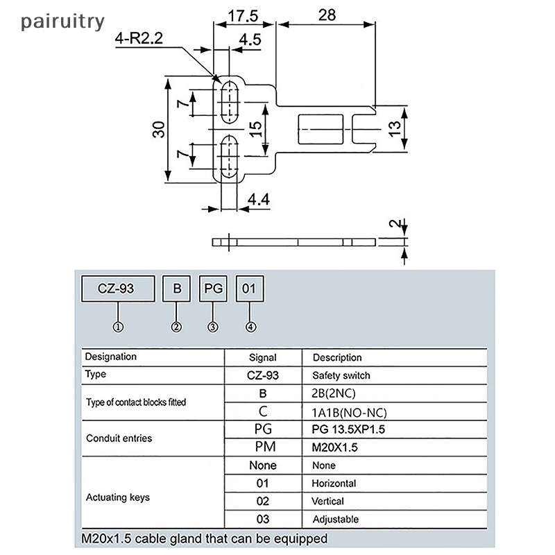 Prt CZ93-K1 Pengaman Pintu Interlock Switch Actuag Key Direct Acg Bolt Tool Untuk CNC Mill 3D Printer Door Switch PRT