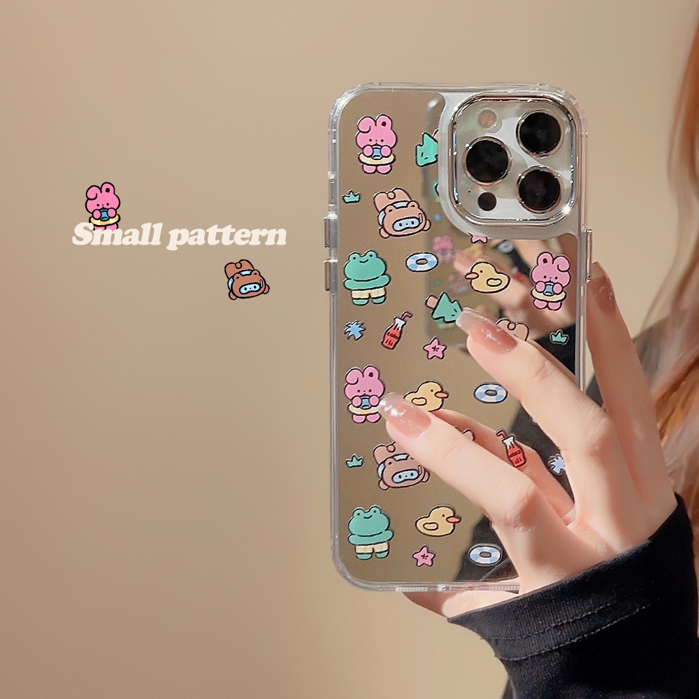 IPHONE Ins Kartun Lucu Hewan Kecil Dilapisi Kamera Bingkai Ponsel Cermin Rias Make up Case Cover Untuk Iphone11 12 13 14 PRO MAX