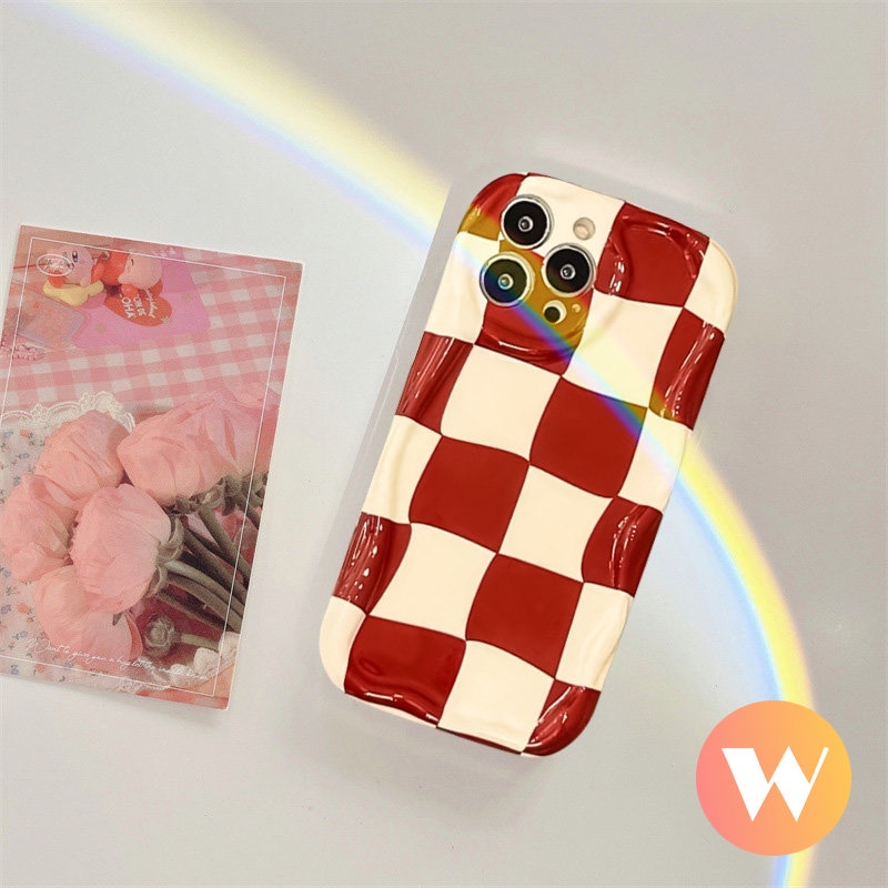 IPHONE 3d Wavy Curved Edge Glossy Cover Kompatibel Untuk Iphone12 14 Pro Max13 11 XR X SE 2020 7Plus 7 6S 6 8 Plus XS MAX Kartun Tahun Baru Kelinci Lucu Yang Kaya Kotak-Kotak Casing Ponsel