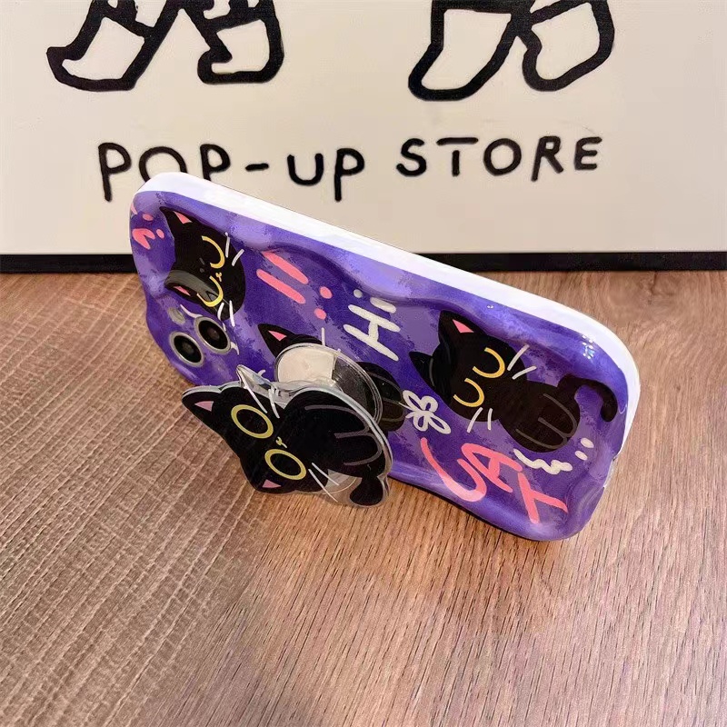 Oppo Reno 8T 4G A57 A16 A16K A17 A5S A12 A3S A12E A92 A52 F1S A53 A33 A31 A9 A5 A15 A15S A54 F9 C1 Graffiti Black Cat Air cushion TPU Phone Case Dengan Bracket Binteacase