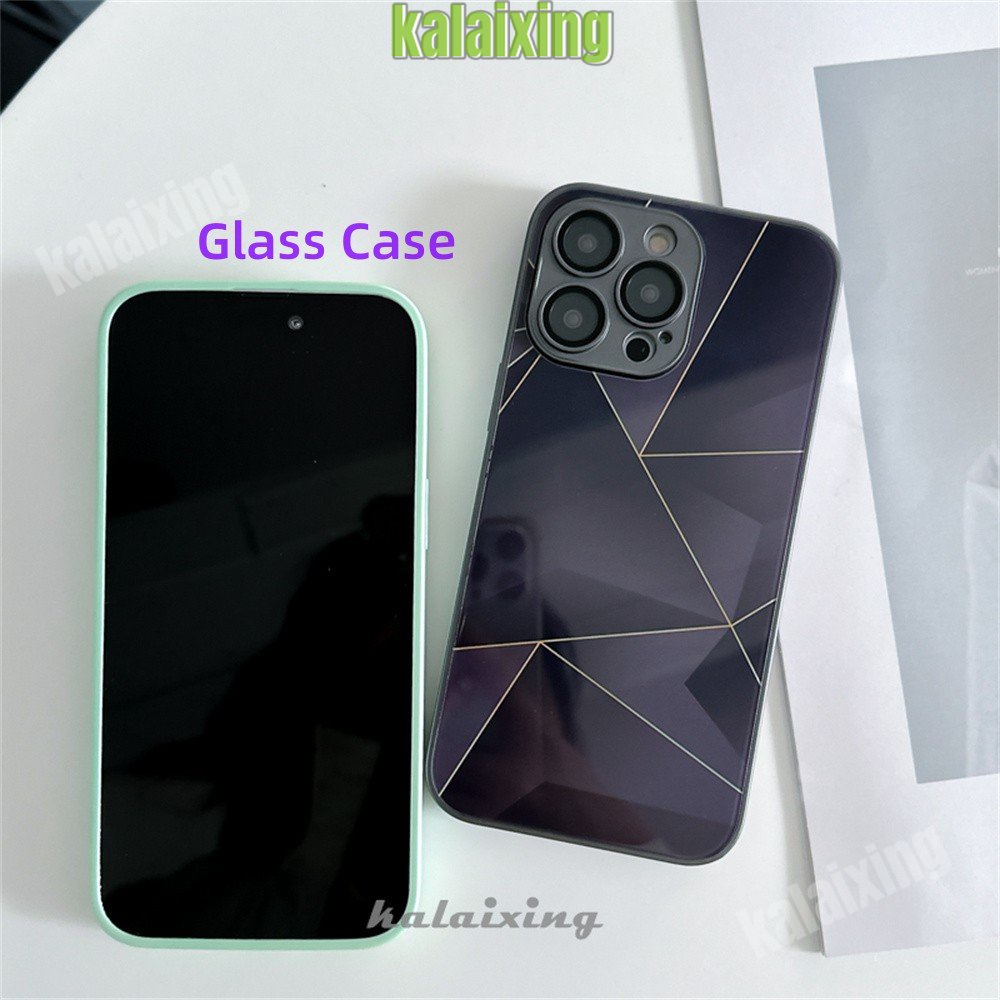 Casing Hp Kaca Untuk iPhone 12 Pro Max 11Pro 11 Pro Max Tepi Lembut Motif Geometri Hard Back Cover