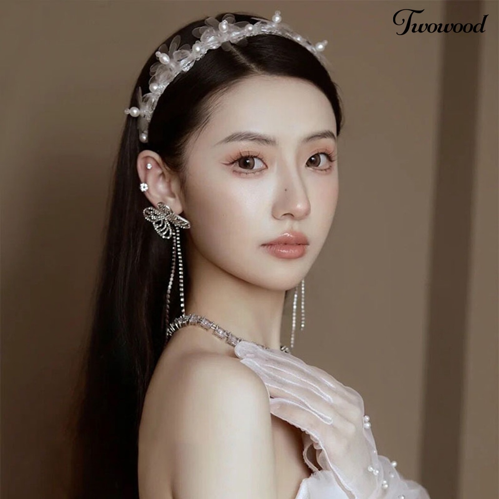 Twowood Bridal Headband Shiny Elegan Indah Eye-catching Palsu Mutiara Dekorasi Palsu Kristal Bunga Bando Pesta Supply