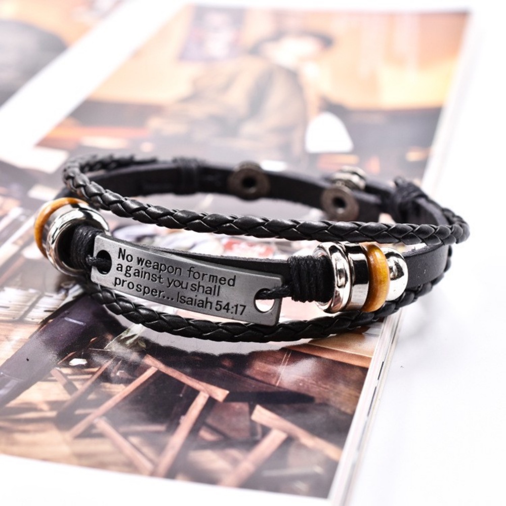 [X C Gelang] Baru Sederhana Huruf Elemen Gelang Kulit Hitam Vintage Hip Hop Punk Gelang Kulit Lengan Manik-Manik Multilayer Paduan Seng Tenun Gelang