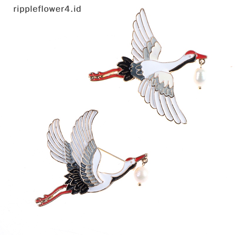 {rippleflower4.id} 1pc Mutiara Bangau Enamel Pin Vintage Burung Pesona Bros Wanita Perhiasan~