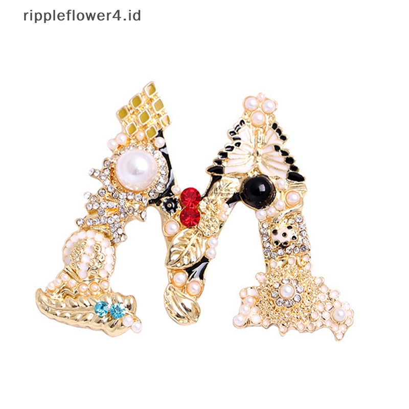 {rippleflower4.id} Vintage Berlian Imitasi Huruf Enamel Mutiara Imitasi Bros Wanita Baroque Alphabet Initial Pin Fashion Perhiasan Hadiah~