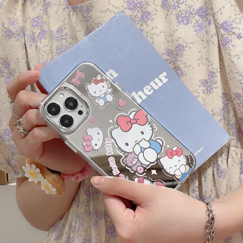 Fashion Silver Hello Kitty Mirror Soft TPU Case iP iPhone 11 12 13 14 Pro Max New FTD Casing Apple