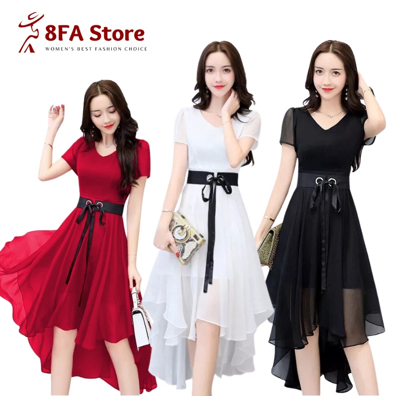 Midi Dress Wanita Korean Style Pesta Casul Dress Kondangan Hitam Putih Lengan Pendek Modis