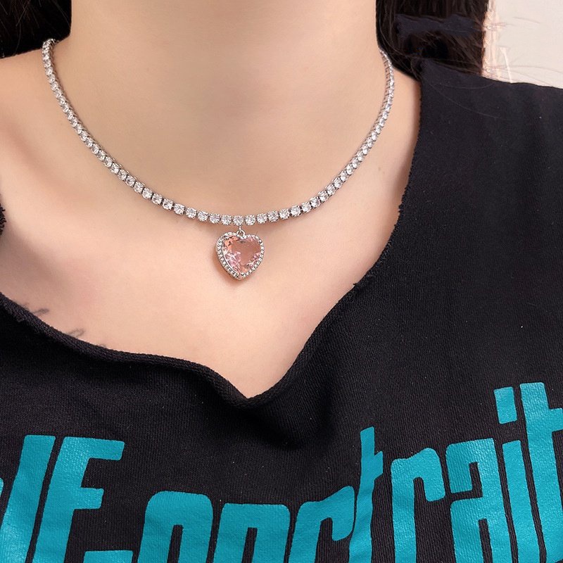 Pink Glitter Berlian Imitasi Bentuk Hati Liontin Kalung/ Manis Keren Berlian Cinta Kalung/ Temperamen Pasangan Perhiasan Hadiah