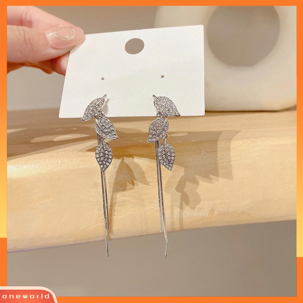 [WOD] 1pasang Anting Drop Rumbai Daun Bahan Alloy Kilau Cerah Anting Panjang Untuk Pesta Cocktail