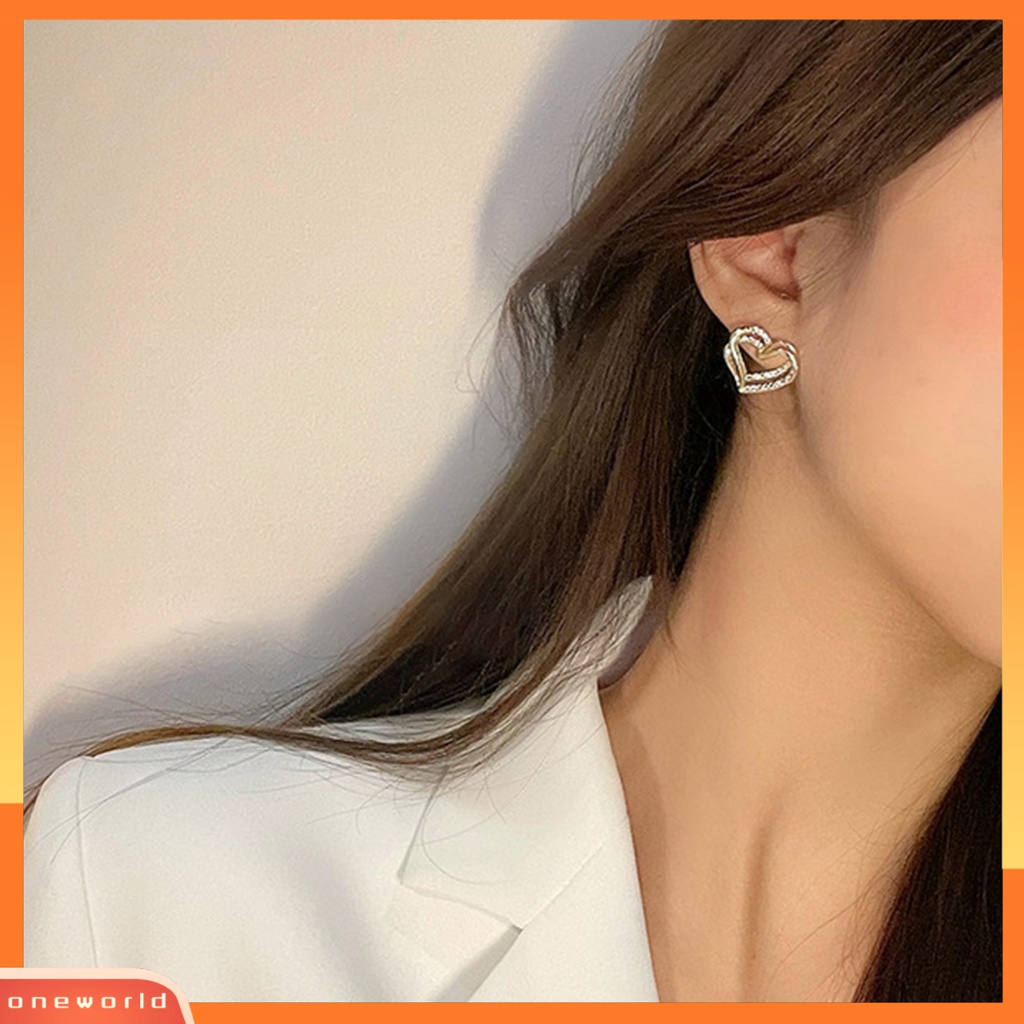 [WOD] 1pasang Lady Stud Earrings Mewah Berlian Imitasi Mengkilap Bentuk Hati Double-layer Bridal Earrings Perhiasan Perempuan