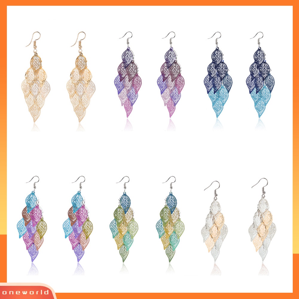 [WOD] Lady Colorful Multi Layers Daun Berongga Elegan Kait Anting Perhiasan Decor