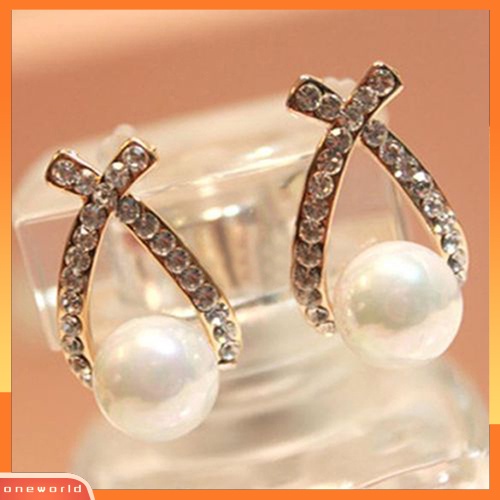 [WOD] Wanita Mutiara Imitasi Ear Studs Earrings Cross Berlian Imitasi Hadiah Perhiasan Pernikahan