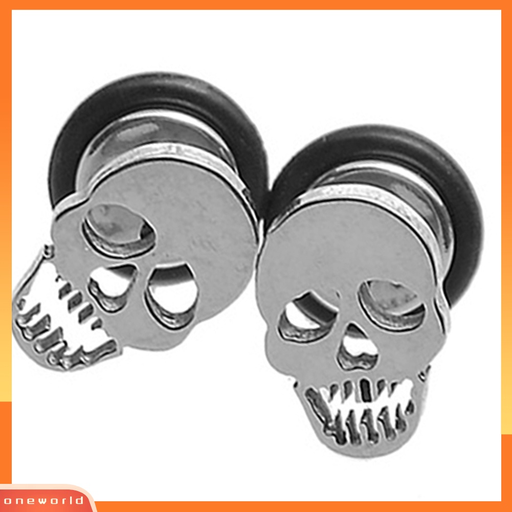 [WOD] 1pasang Unisex Punk Gothic Stainless Steel Barbel Tengkorak Telinga Studs Anting Perhiasan