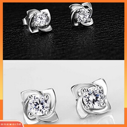 [WOD] Wanita Pernikahan Bunga Cubic Zirconia Perak Disepuh Ear Stud Earrings