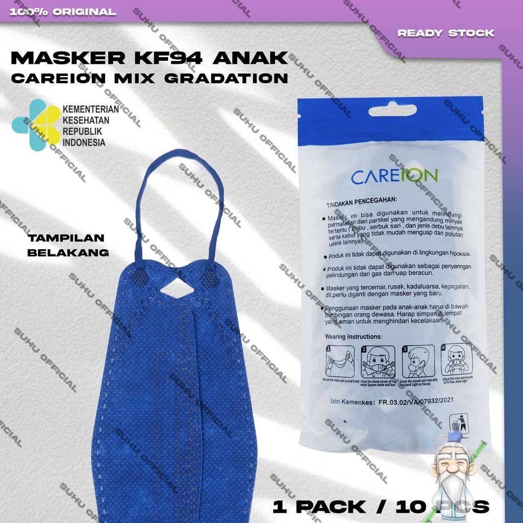 Masker Anak KF94 CAREION 4Ply isi 10Pcs Putih Hitam Abu Warna Motif Korea Earloop Surgical Mask Kemenkes