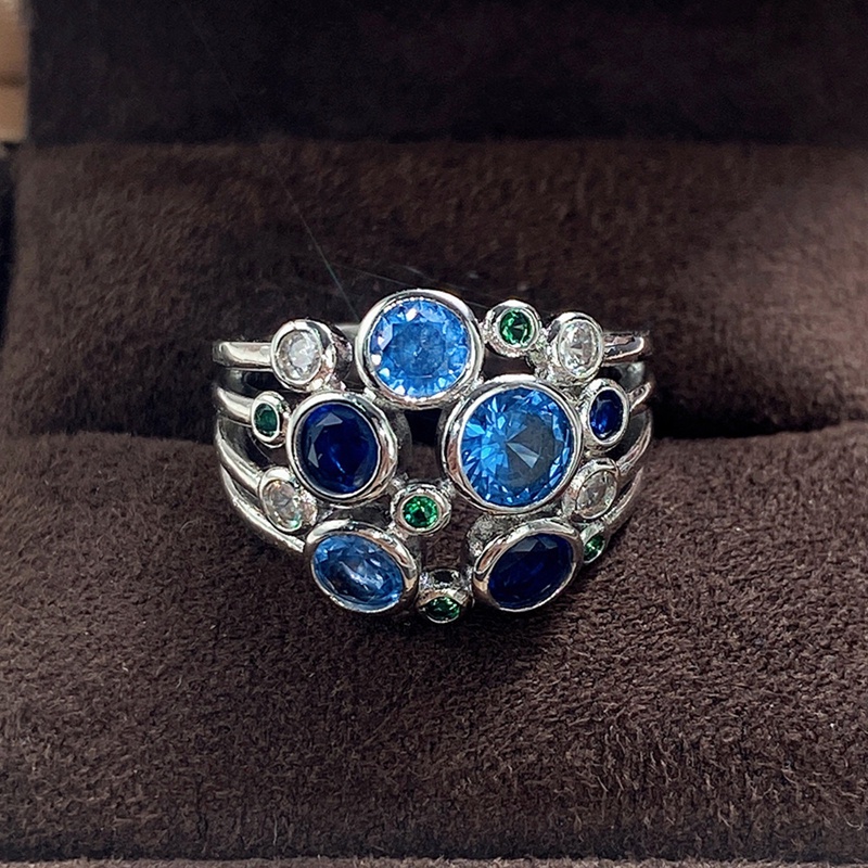 Cincin Cubic Zirconia Warna-Warni Untuk Wanita Biru Hijau Putih Bulat Cubic Zirconia Lebar Band Ring Aksesoris Fashion