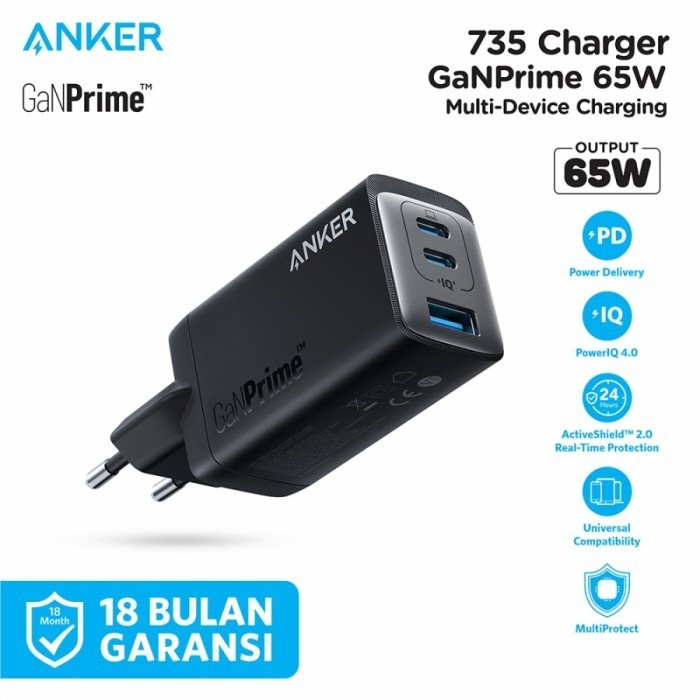 Anker 735 GanPrime Charger 65W PPS PD 3 Port USB A/C - A2668 - Hitam