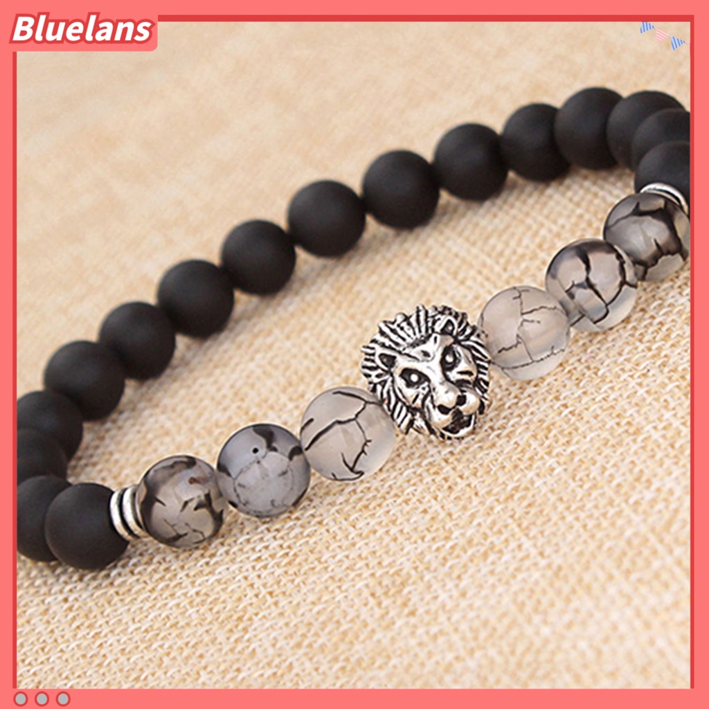 [BLS] Charm Gelang Elastis Adjustable Frosted Stone Silver Lion Beaded Cuff Bracelet Untuk Pakaian Sehari-Hari