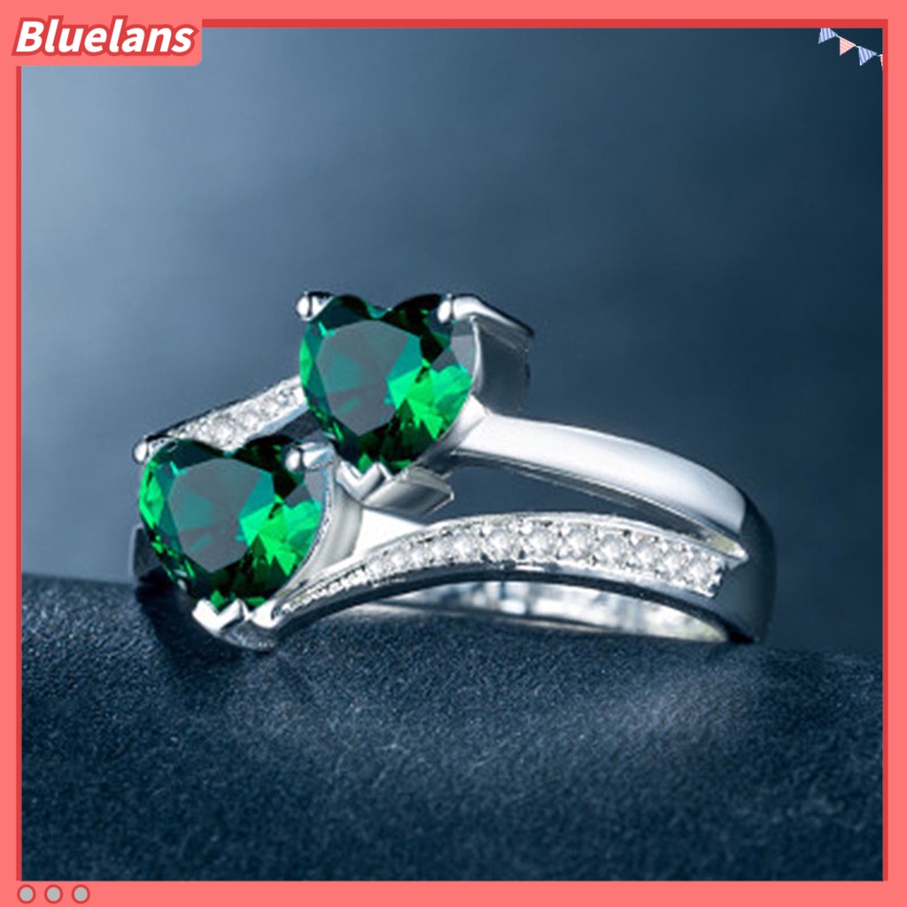 [BLS] Cincin Wanita Double Heart Sparkling Cubic Zirconia Fashion Penampilan Pita Jari Untuk Pesta