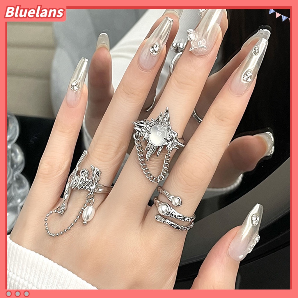 [BLS] Wanita Cincin Gothic Tidak Teratur Faux Moonstone Rumbai Mutiara Imitasi Dress Up Lipit Logam Estetik Jari Cincin Wanita Perhiasan Hadiah Ulang Tahun