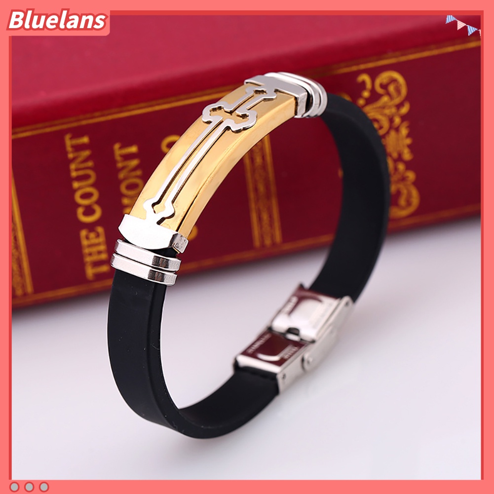 [BLS] Fashion Motif Salib Logam Silikon Band Pria Wrist Decor Gelang Bangle