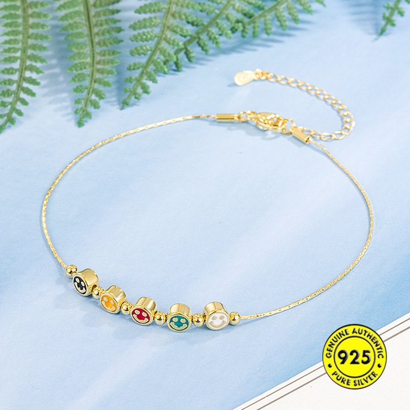 Gelang Kaki Emas Smiley Face Warna-Warni Cahaya Mewah Halus Grace High Sense Ornament U1855