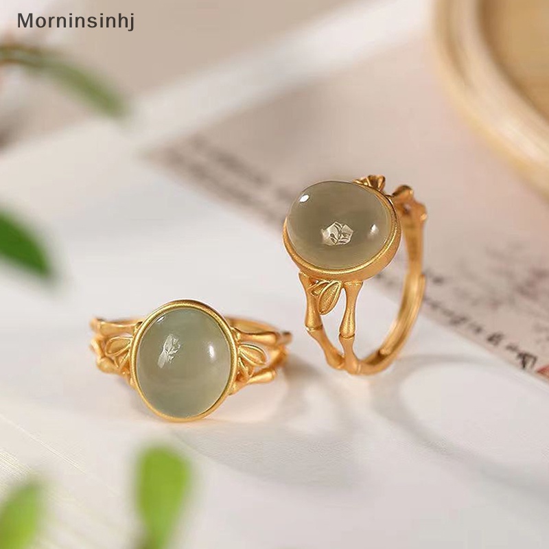 Mornin Warna Emas Kuno Kerajinan Hias Hijau Oval Hotan Jade Kreatif Bambu Terbuka Dapat Disesuaikan Cincin Untuk Wanita Elegan Klasik Perhiasan id