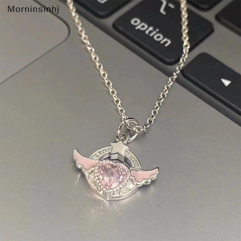 Mornin Warna Perak Kristal Sayap Malaikat Hati Liontin Kalung Wanita Gadis Sederhana Pink Zirkon Cinta Elegan Kalung Wanita Perhiasan id