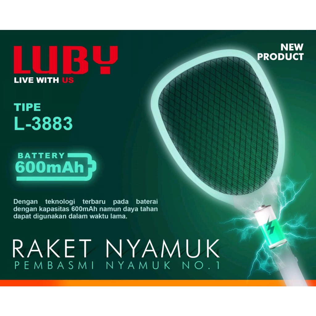 Raket Nyamuk Luby tipe L-3883 Baterai Cas LED lampu Rechargeable Mosquito Electric Swatter