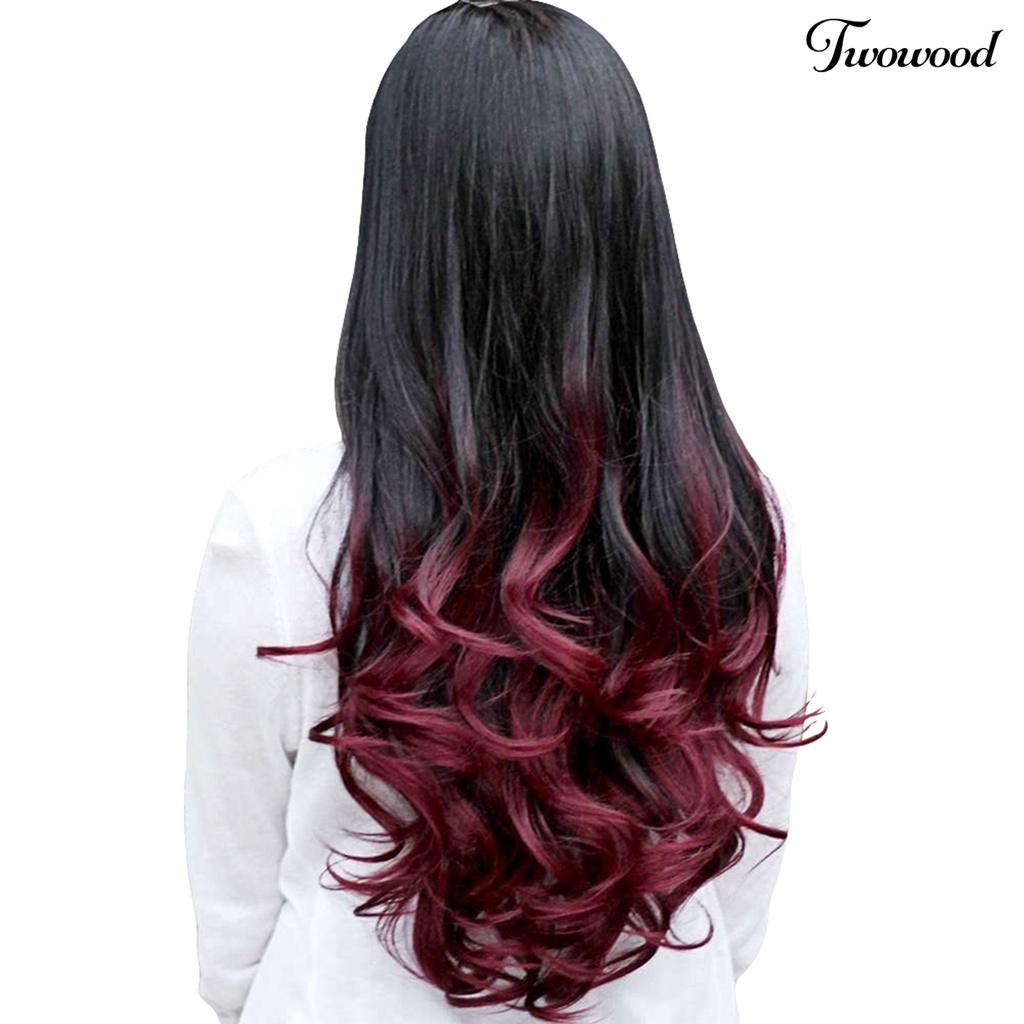 Twowood Wanita Gelombang Besar Panjang Keriting Bergelombang Warna Gradasi Ombre Tiga Per Empat Wig Rambut Penuh