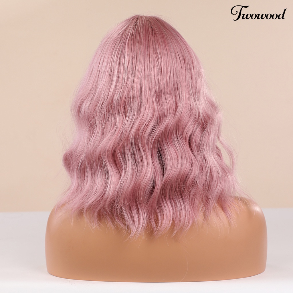 Twowood Cosplay Wig Universal Halus Ringan Pink Head Air Bangs Medium Long Curly Hair Wig Untuk Pesta