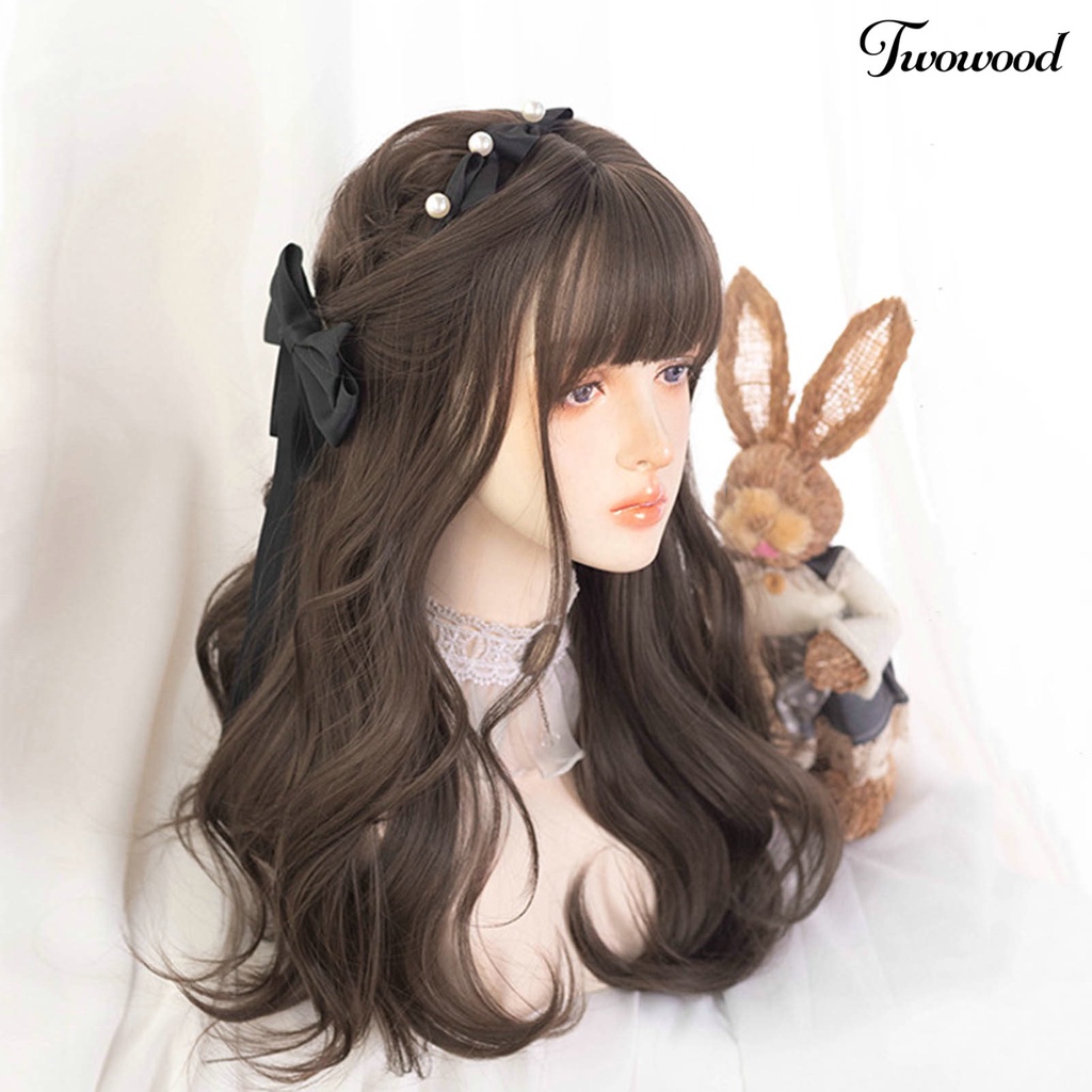 Twowood 1set Wig Wanita No Perm Berbulu Tidak Jatuh Halus Styling Rambut Cakupan Penuh Mid Length Rambut Keriting Wig Dengan Poni Digunakan Wanita