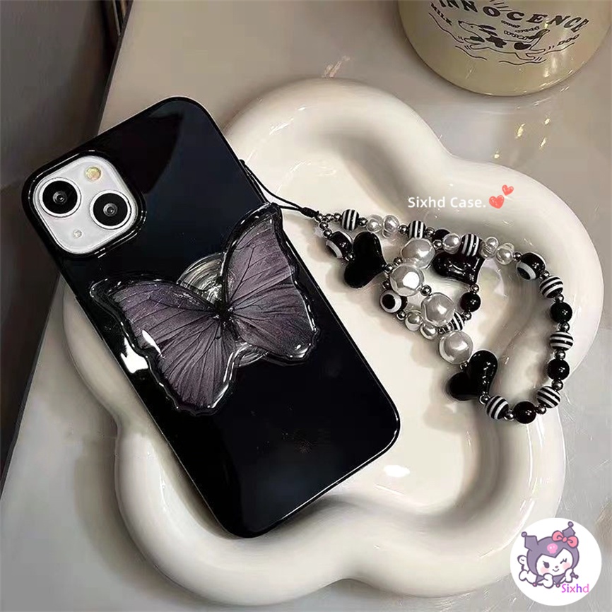 IPHONE Kompatibel Untuk Iphone14 13 12 11 Pro Max SE2020 X Xr Xs Max8 7 Plus Gaya Baru Ins Fashion Hitam Butterfly Phone Case +Lanyard +Bracket Lembut Anti Jatuh Pelindung TPU Cover