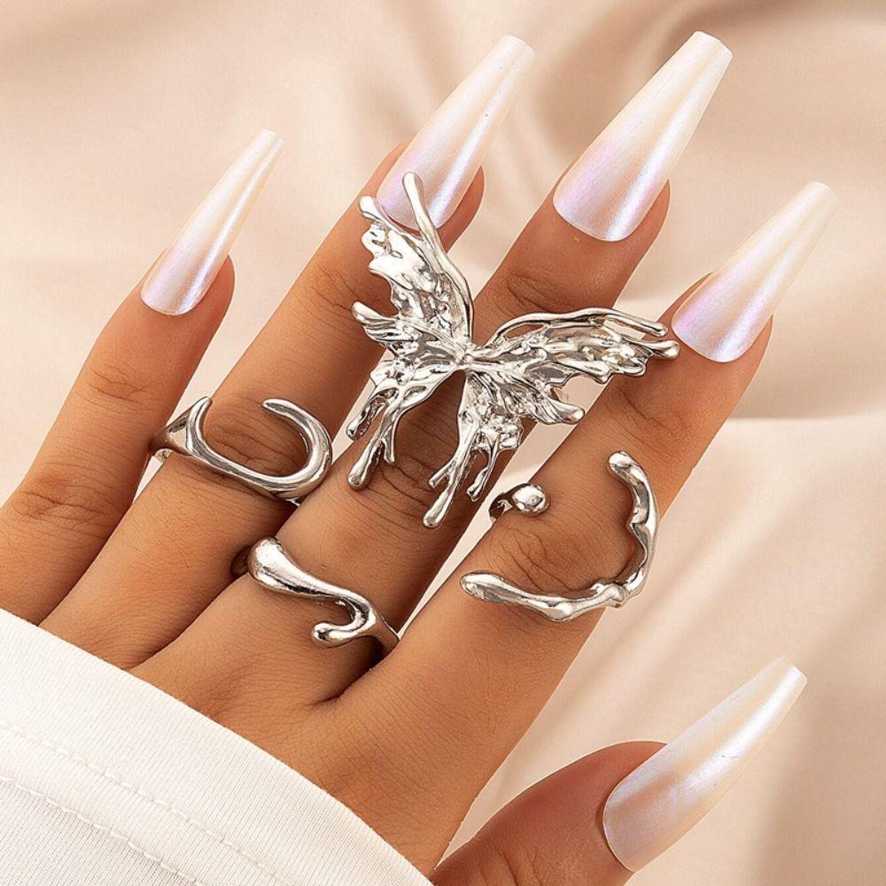 Mxbeauty Liquid Butterfly Rings Hadiah Ulang Tahun 4 Pcs/set Punk Senior Rasa Gothic Perhiasan Kepribadian Gelombang Tidak Teratur Rings