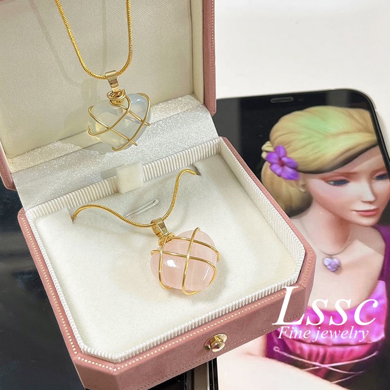 Kalung Titanium Anak Perempuan Barbie Hati Batu Permata Opal Emas 18K Anti Karat Cantik Aesthetic Korea Aksesoris Wanita Perhiasan