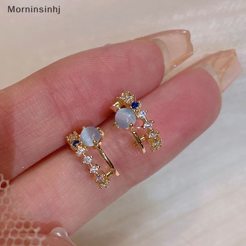 Mornin Blue Opal Stud Earrings Untuk Wanita Korea Cahaya Zirkon Mutiara Fashion Kristal Manis Anting Gadis Perhiasan id