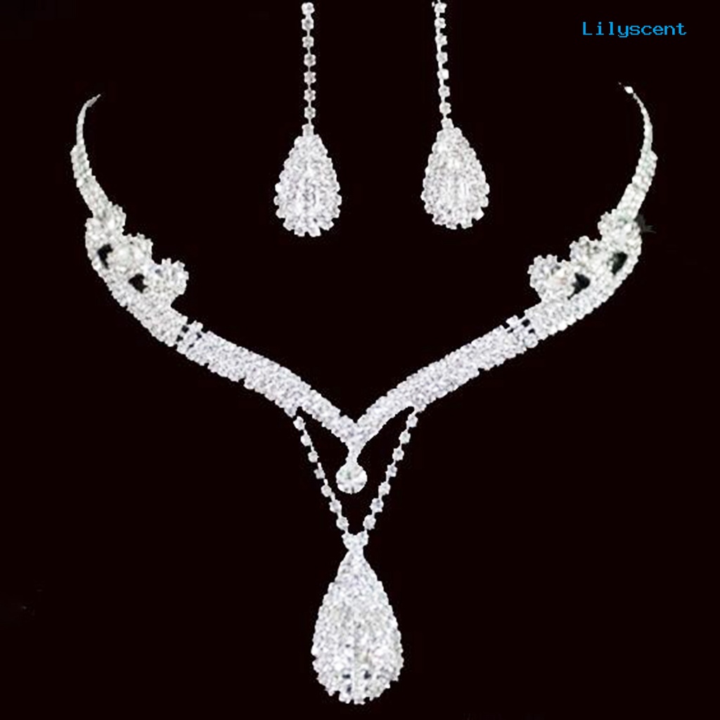 [LS] Water Drop Pendant Charming Indah Berlian Imitasi Berlian Imitasi Tetesan Air Kalung Anting Set Untuk Pesta Prom Pernikahan