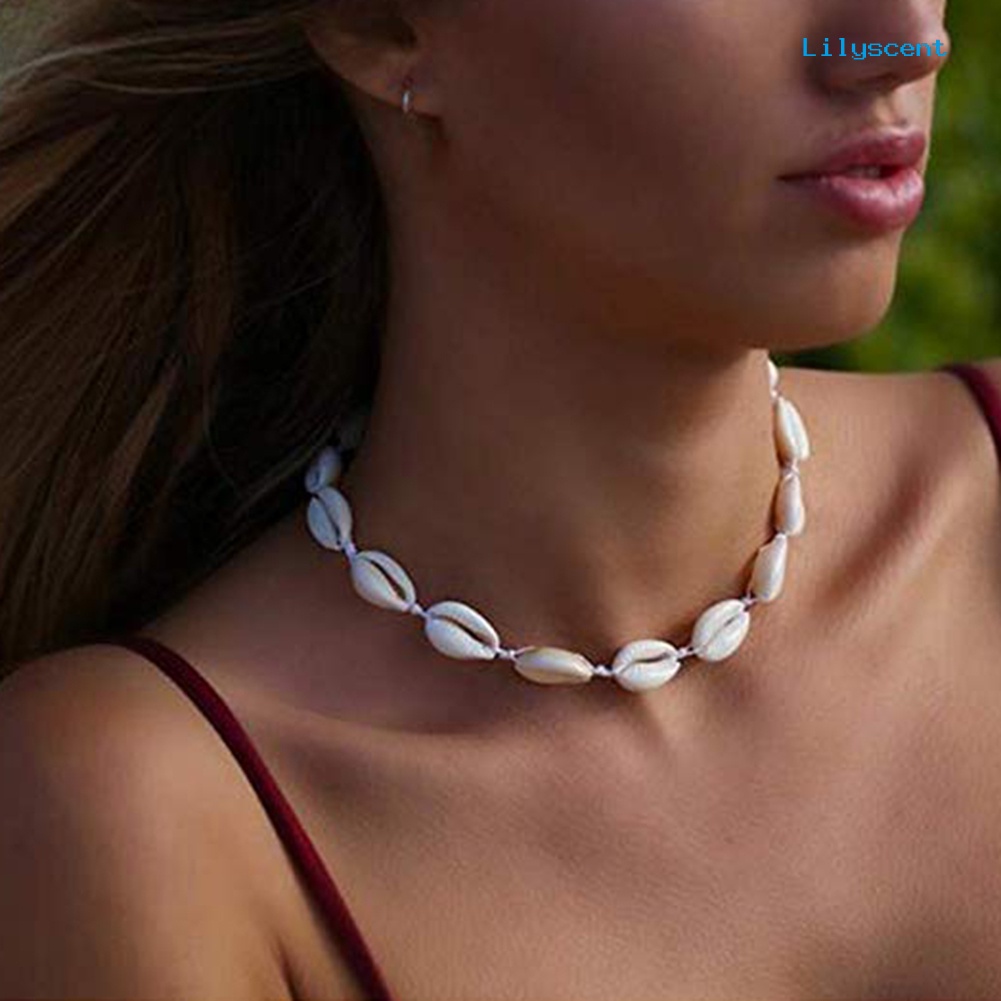 [LS]Wanita Cowrie Shell Manik-Manik Tenun Tangan Choker Kalung Hawai Pantai Perhiasan