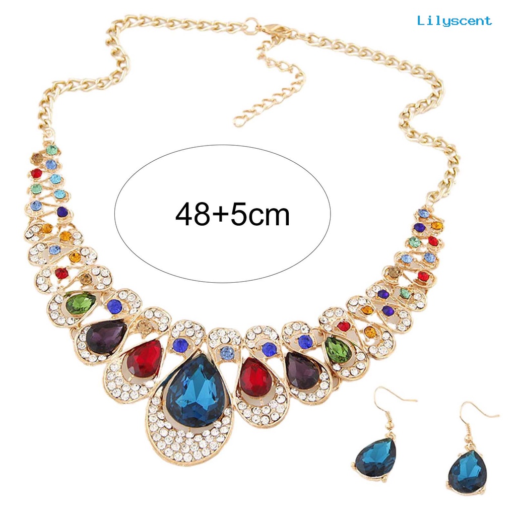 [LS]2Pcs/Set Berlebihan Mulia Indah Kalung Anting Multicolor Tetesan Air Imitasi Permata Liontin Kalung Anting Perhiasan Aksesori