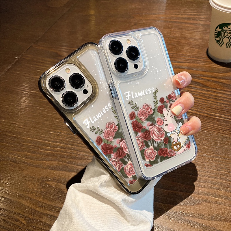 Casing Kelinci Lucu Bunga Untuk IPhone Kompatibel6 7 8 6Plus 7Plus 8Plus 11 14 Pro Max X XS XR 11 12 13 14 Pro Max SE 2020 2022 Plating Electroplated Buttons Shockproof Cover