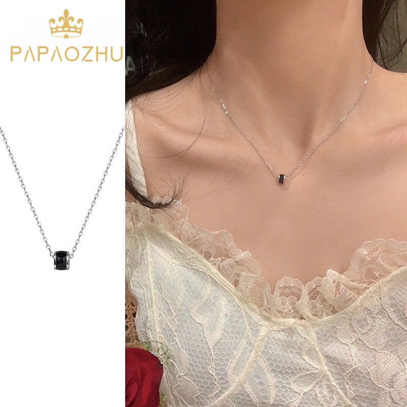 Papaozhu Chic Menara Hitam Liontin Tulang Selangka Rantai Kalung Untuk Wanita Gadis ins Trendi Silinder Pesona Kalung Perhiasan Hadiah